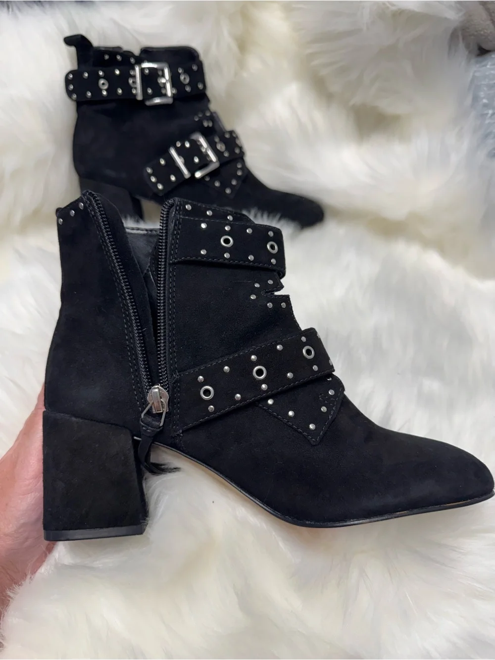 Rebecca Minkoff Black Suede Studded Buckle Ankle Boots